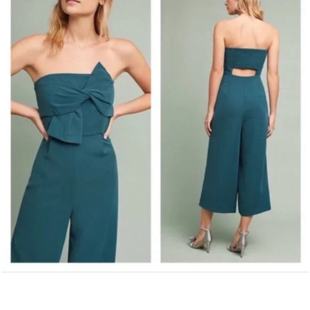 green anthropologie jumpsuit with bow detail